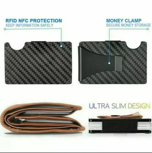 RFID Blocking Slim Money Clip Mens Carbon Fiber Credit Card Holder Metal Wallet - Picture 2 of 2